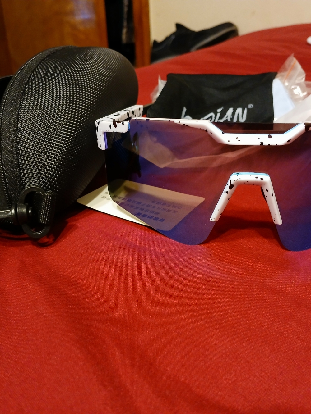 Sport Shield Sunglasses - White Speckle Frame with Blue Mirrored Lens